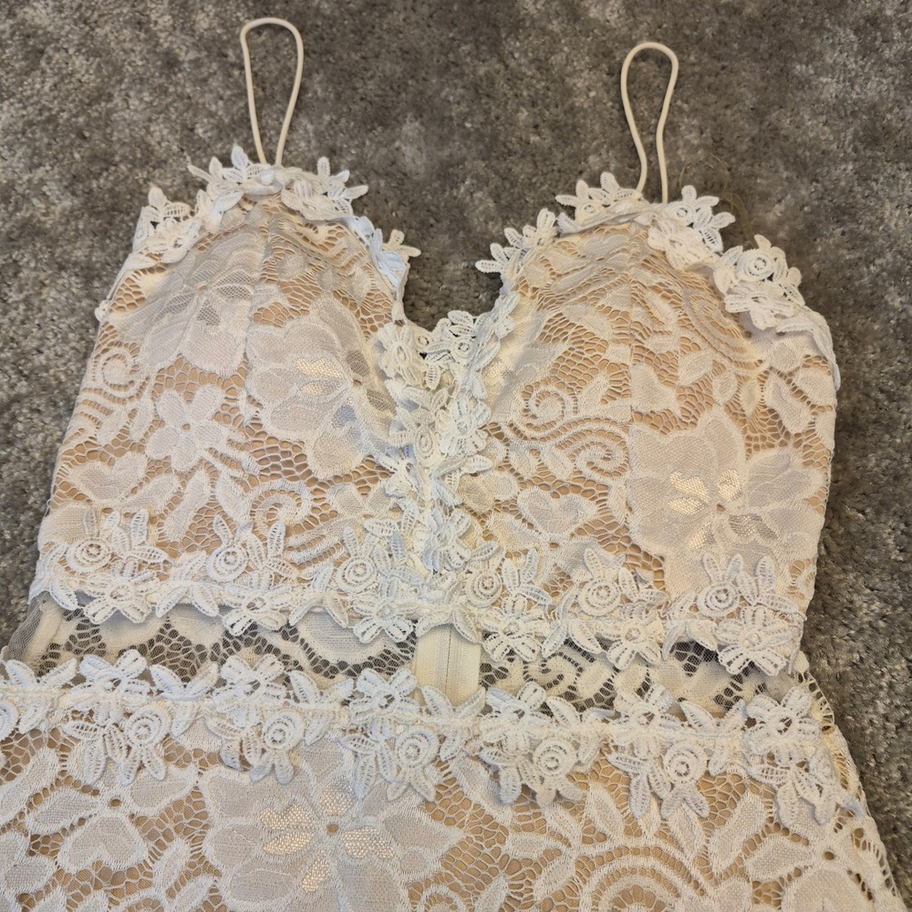 Windsor White Floral Lace Mini Dress Nude Lining Spaghetti Strap Size M 08841 - Picture 6 of 13